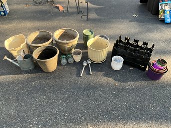 Lot Of Assorted Flower Pots And Accessories, Flower Pots Trays Watering Can And More
