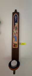 Holy Family Wall-mounted Candelabra/candle Holder Wood With A Ceramic Inlay