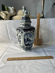 Vintage Boch Royal Sphinx Delft Holland Foo Dog Jar Container Urn Blue White Excellent