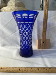 Vintage Bohemian Czech Colbolt Blue Cut Clear Crystal Glass Starburst Vase