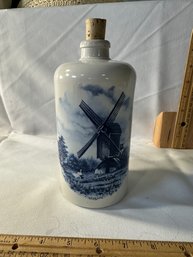 Vintage German M.K.M. Stoneware Corked Bottle Blue And White Dutch Scene Excellent