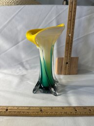 Vintage Art Glass Hand Blown Calla Lily Yellow Green And White Glass Vase Excellent
