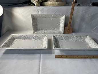 Set Of 3 Over And Back White Embossed Grapes Serving Bowls Rectangular Made In Italy Excellent