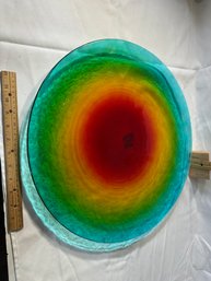 Large 20 In Round Rainbow Colored Glass Tray Made In Spain