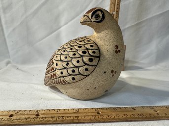 Vintage Mexican Tonala Corcho Pottery Quail Hand Painted Enameled Sandstone Signed Netzi