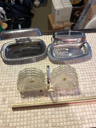 Set Of 8 Cut Glass Coasters Silver Plated Holder Made In England With Two Butter Metal Butter Dishes Nice Buy
