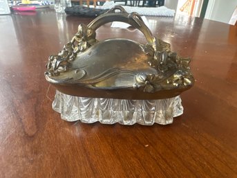 Antique Art Nouveau Glass Jewel Box With Brass Lid