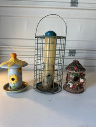 Two Hanging Bird Feeders One Hanging Bird House Great For The Garden Or Back Yard