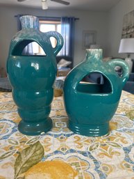 Vintage 11 In And 8 1/2 In Pottery Jugs Tall On Has Slight Chip At The Base Great Pair