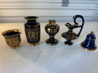 Beautiful Lot Of Vintage Hand Made In Greece 24k Gold Trim Cobalt Blue Pieces In Excellent Condition Great Lot