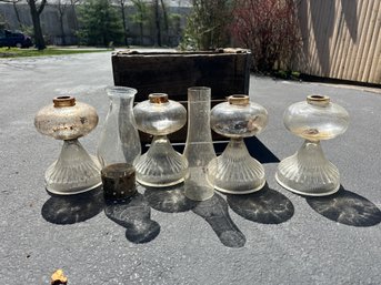 Lot Or Vintage Hurricane Lamps In Cool Wooden Box Need Some Cleaning And Missing Top Glass