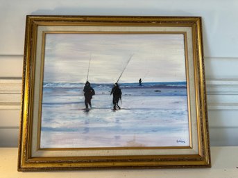 26x22 Inch Signed Fisherman Returning Painted By Joseph Ginex Needs A Little Cleaning Nice For The Beach House