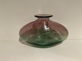 Vintage Two Tone Spanish Art Glass Green Purple Glass Bottle Shaped HEAVY Vase WITH Artificial Flowers