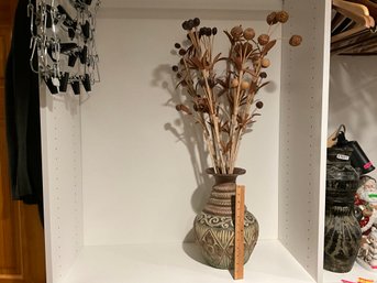 Carved Terracotta Vase From Thailand.13 1/2 Tall With Pretty Vase Filler