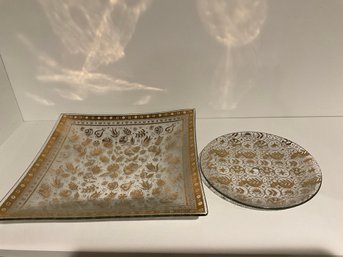 Mid Century 12' Square Georges Briard Gold Serving Tray And 8 Round With Hole