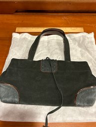 Adrienne Vitaddini Green Suede Shimmery Brown Patent Leather And Green Horse Hair Trim Details Baguette Bag