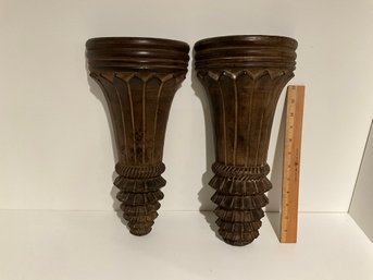 Set Of 2 Floating Ornately Carved Wood Wall Shelf Sconce