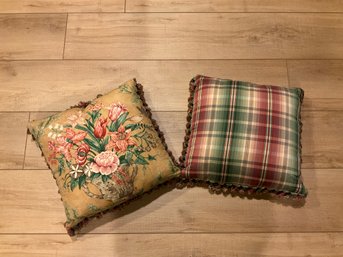 2 Lee Jofa Linen Pillow Cover With Fringe And Linen Plaid Backing