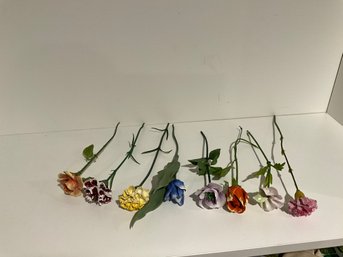8 Hand Painted Fine Bone China Flowers With Plastic Stems
