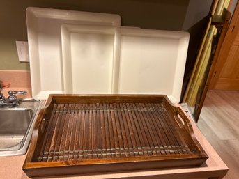 Set Of Serving Trays 3 Heavy Plastic One Wood Wood Tray Is 25 X 17 X 3 Plastic Trays Are 18 X 18 And 16 X 16 X