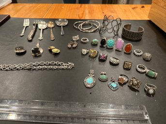 Estate Sale Jewelry Lot Of Ladies Vintage Fashion Sterling Silver Plus Silverware See All Photos