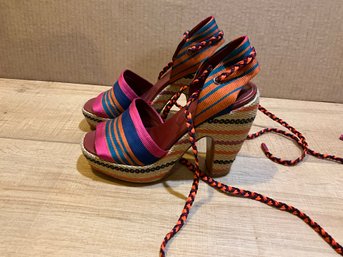 Marc By Marc Jacobs Multicolor Fabric Platform Ankle Wrap Sandals Size 37
