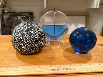 Lot Of Blue Decorative Objects Vase Paperweight, And Oil Lamp