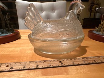 Vintage Hen On Nest Clear & Red Head Glass Candy Dish Chicken Indiana Glass