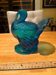 Vintage Aqua Blue Glass Turkey Lidded Candy Dish By L.E. Smith Glass Company