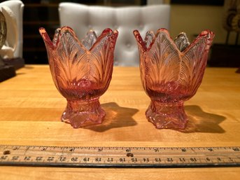 Pair Of Vintage Fenton Art Glass Tulip Shape Pink Two Way Votive/Candle Holders