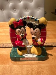 Mickey & Minnie Ceramic Salt & Pepper Shakers And Holder New