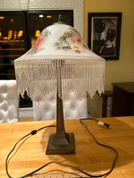 Vintage Floral Painted Frosted Glass Fringe Cracker Barrel Lamp Victorian 25