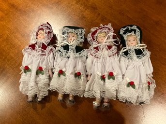 4 VINTAGE 8 Inch Dolls In WHITE LACE TRIMMED  DRESS With BONNET