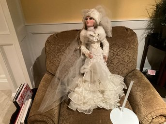 Rare Stunning Porcelain Collectible Winter Bride 30 Inch Doll In Beautiful Beaded Dress With Stand