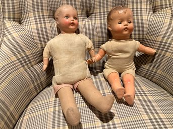 Set Of 2 Antique Composition Baby Doll Sleep Eyes Marked On Neck