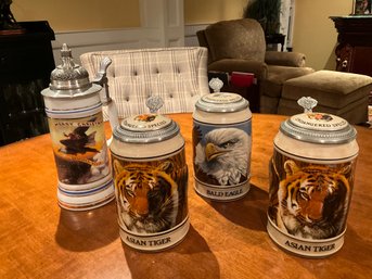 4 X VINTAGE 1989 BUDWEISER 'ENDANGERED SPECIES' Steins And 1990 Berringhaus Budweiser Lidded Christmas Stein