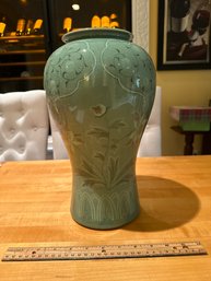 Vintage 13 Inch Korean Green Celadon Porcelain Vase With Floral Motif
