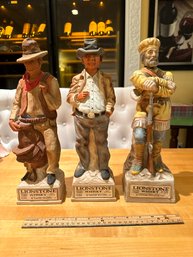 Vintage Barware Lot Of Three Lionstone Whiskey Decanters Frontiersman The Cowboy And Casual Indian
