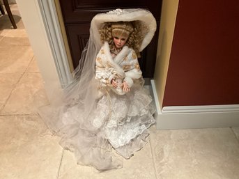 Large 24 Inch Vintage Danbury Mint Winter Bliss Special Edition Bride Doll With Stand