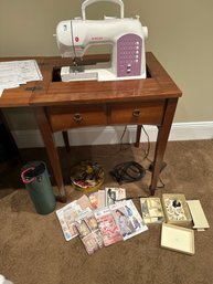Vintage Sewing Table With Like New Singer Curvy 8763 Sewing Machine And Many Extras Works Great