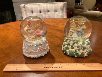 Lot Of Two Vintage Musical Snow, Globes, Ballerinas, And Bunnies