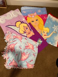Lot Of Five Girls Fleece, Throw Blankets, Tinker Bell, Barbie Ballerina