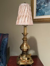 31 Inch Heavy Vintage Brass Table Lamp With Pretty Silk Pleated Shade