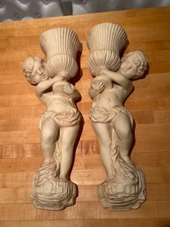 Vintage Pair Of Large 20 Inch Cherub Angel Statue Figurines Hanging Home Decor Faux Flowers Candle Holder 20'