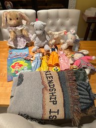 Kids Toy Lot Stuffed Animals, Barbies, Coloring Books, Boyds Bear Throw Blanket See Photos