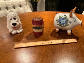 Set Of 3 Vintage Piggy Banks Ceramic Dog And Pig And Wood Hand Painted Barrel