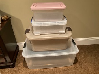 Lot Of 4 Assorted Size Brand Lid Locking  Storage Totes 15 Quart To 116 Quart