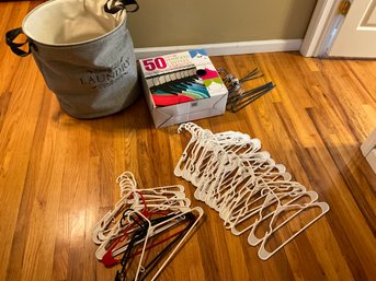 Lot Of Hangers And Laundry Basket, Clothes Hangers, Clothing Hangers