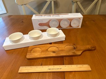 Sur La Table White Porcelain Dip Bowl Set With Acacia Wood Tray In Box