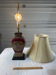 Vintage Asian Red Table Lamp Ceramic With Silk Shade Urn Oriental Accents Lighting